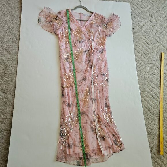 NWT Ieena for Mac Duggal Sequin Mesh Flutter Sleeve Faux Wrap Midi Dress Rose 12 - Picture 15 of 15
